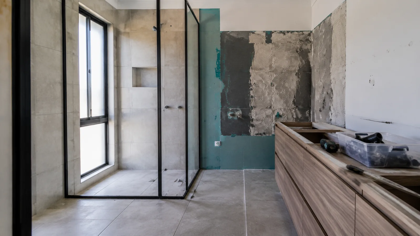 Contemporary tiled bathroom with vanity